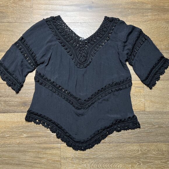Vivid Importers Blouse Crochet Top Peasant Shirt Medium Whimsigoth Boho - Picture 1 of 6